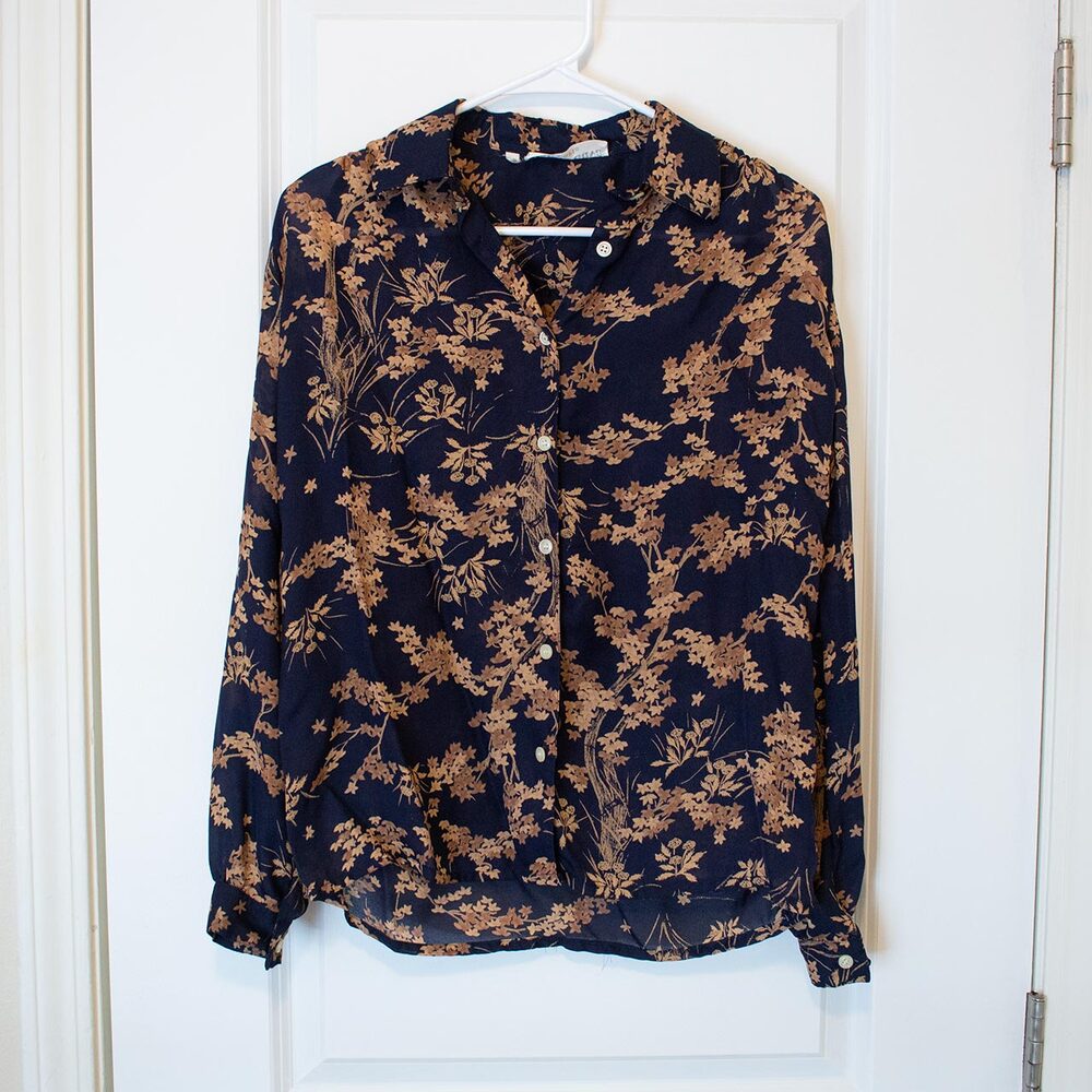 Botanical VTG 42 Daniel Duval Blouse Black Tan Floral Collar Career Soft Autumn